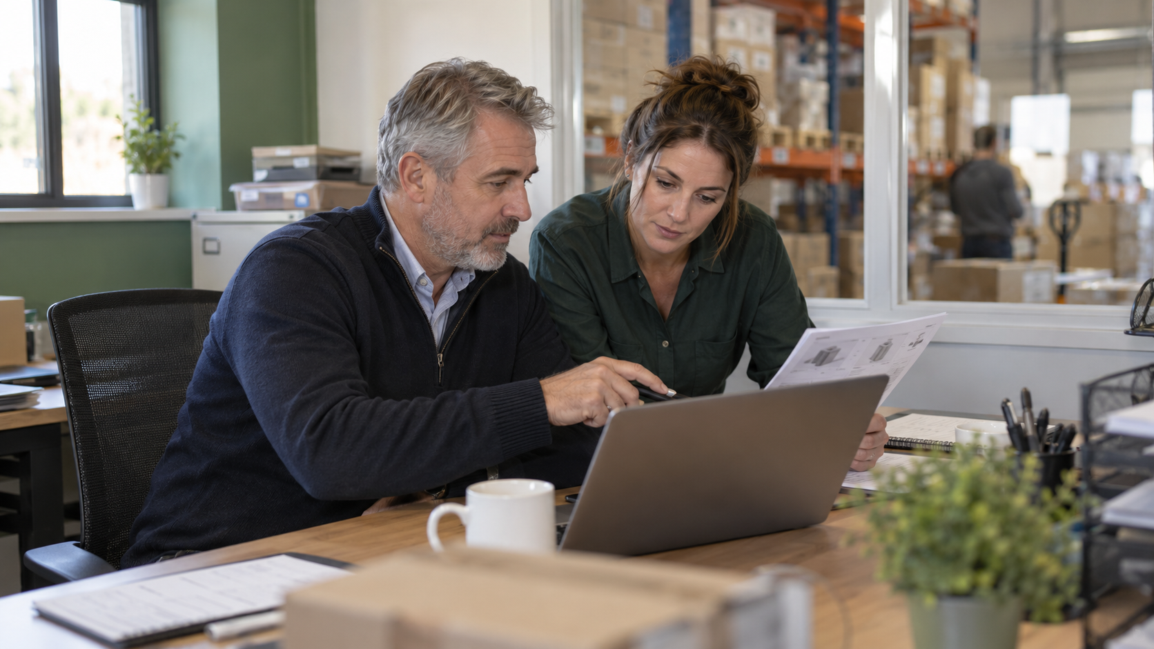 Illustrative workplace photo of a commercial estimator and colleague preparing a bulk-order quotation.